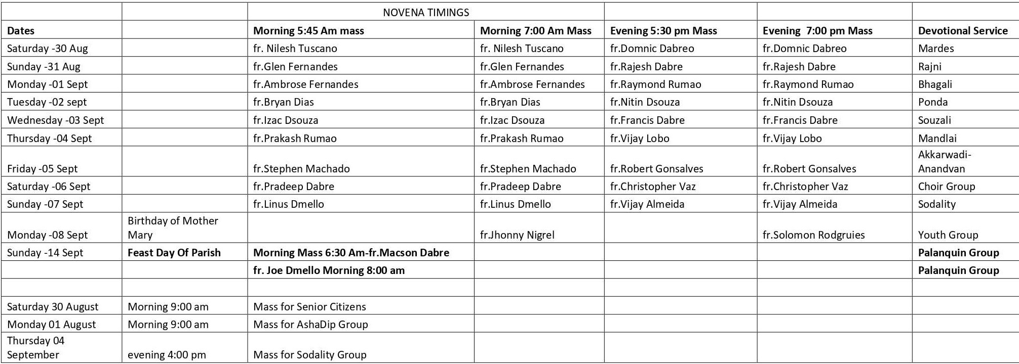 Novena Timings